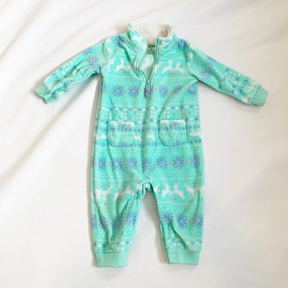 5/$25 Carter's Baby Girl Mint Green Fair Isle Fleece Reindeer Jumpsuit 6 Months